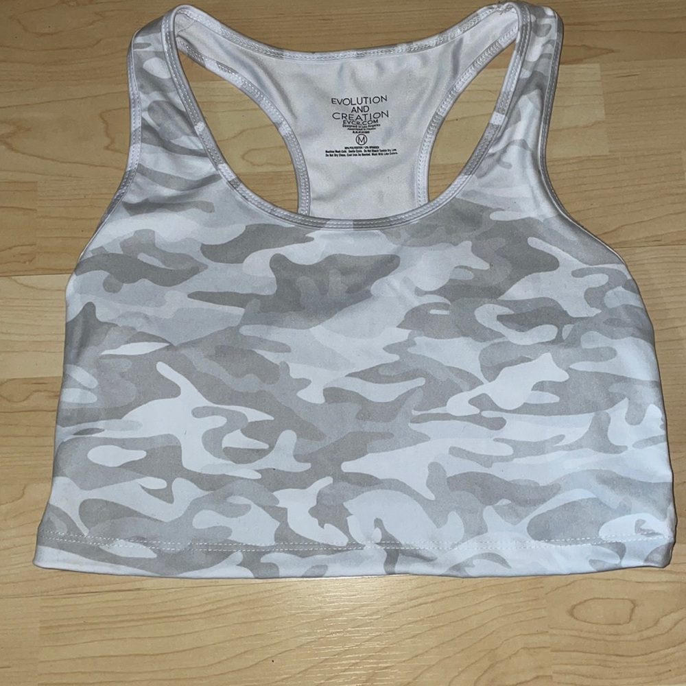 Evolution and Creation: Size Medium: Camo grey & white cropped active wear top.